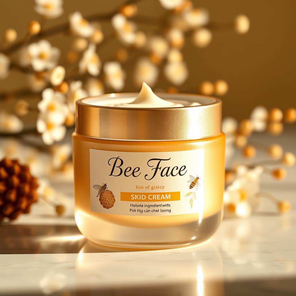 A sophisticated skin cream jar branded 'Bee Face', featuring a stylish design with a smooth, iridescent surface that catches the light beautifully