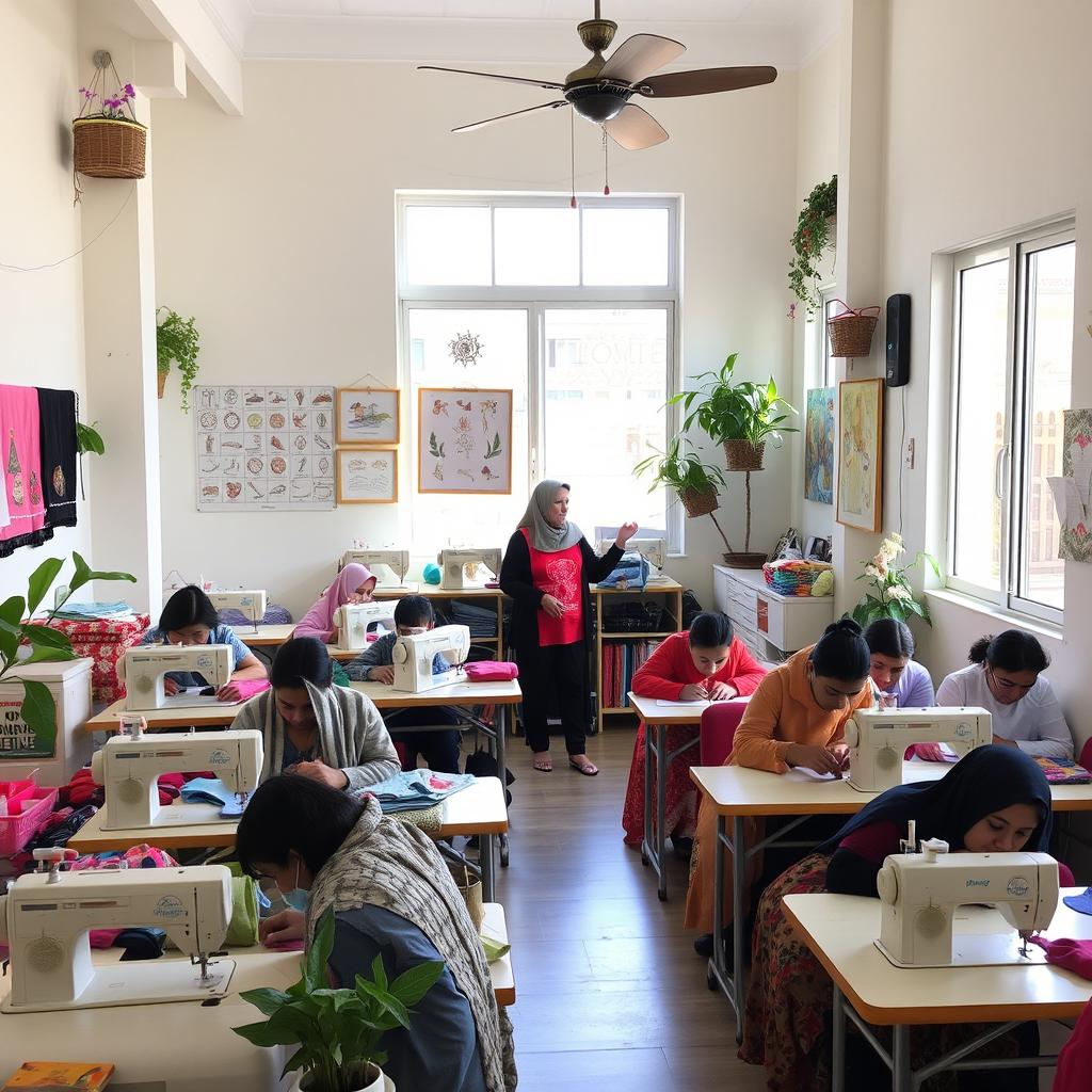 A vibrant and welcoming interior of a Sewing and Embroidery Training Center located in Beit Ummar