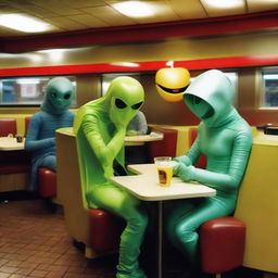 Extraterrestrial beings inconspicuously dining in a McDonald's, blending with everyday human society.