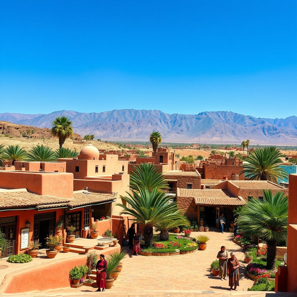 A picturesque view of a traditional Moroccan village, showcasing vibrant adobe houses with intricate tile work, nestled amongst the stunning desert landscape