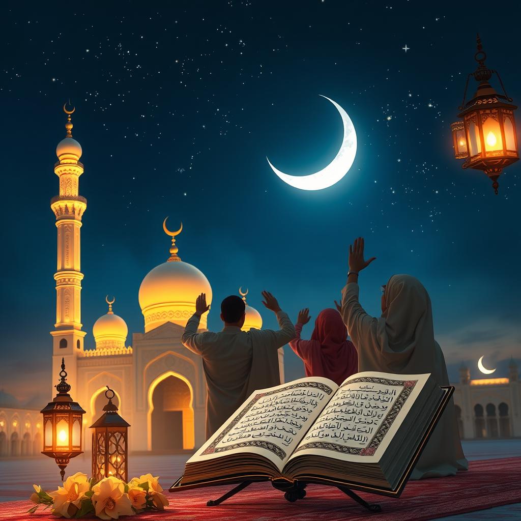 A serene and peaceful scene depicting the essence of Ramadan, with a beautiful crescent moon shining brightly in the night sky, surrounded by twinkling stars
