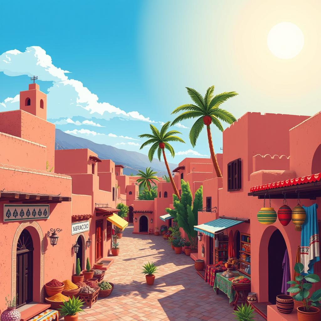 A vibrant Moroccan village scene depicted in a 16-bit retro video game style