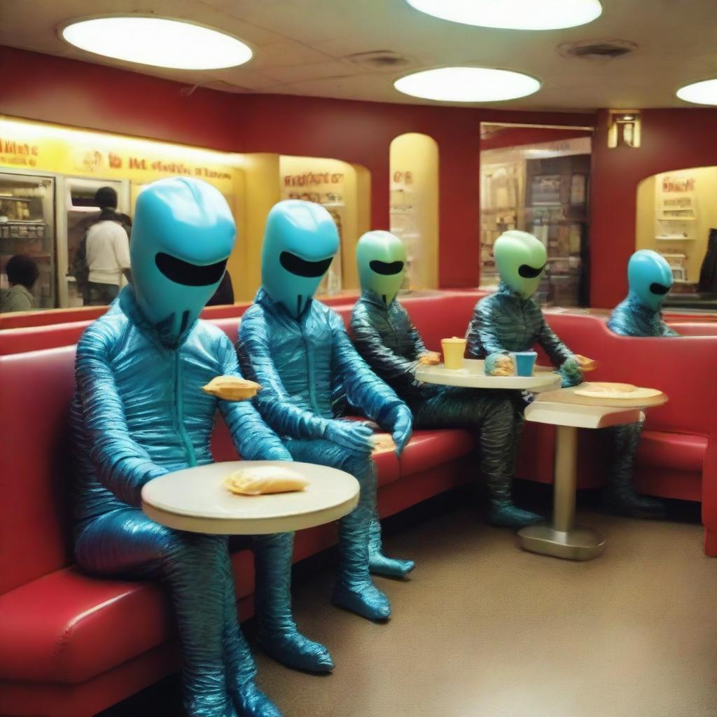 Extraterrestrial beings inconspicuously dining in a McDonald's, blending with everyday human society.