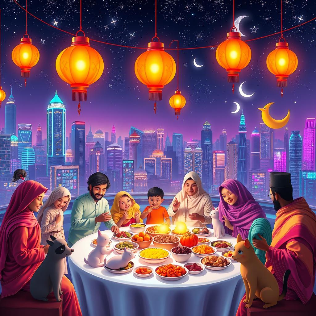 A vibrant, futuristic Ramadan celebration set against a bustling city skyline