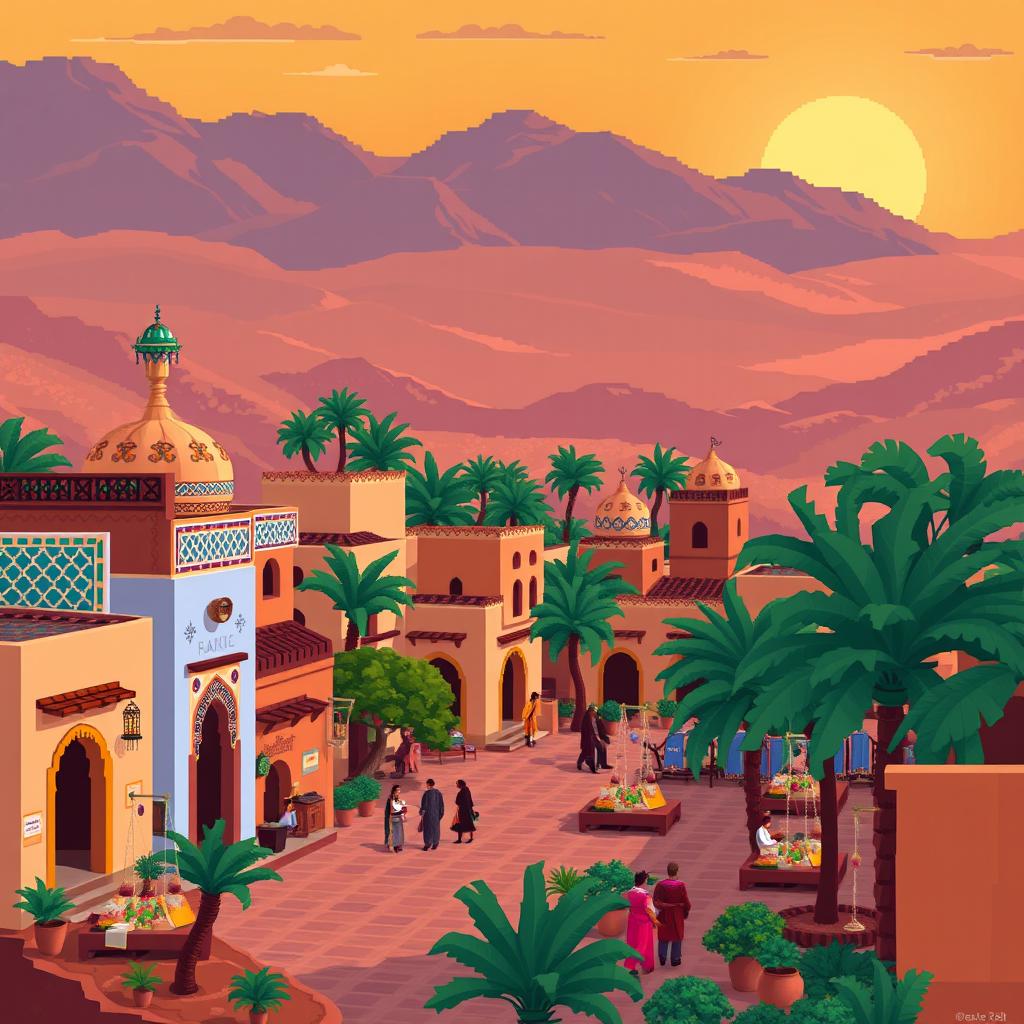 A charming Moroccan village depicted in pixel art style, showcasing colorful, traditional Moroccan buildings with intricate tile patterns and lush desert surroundings