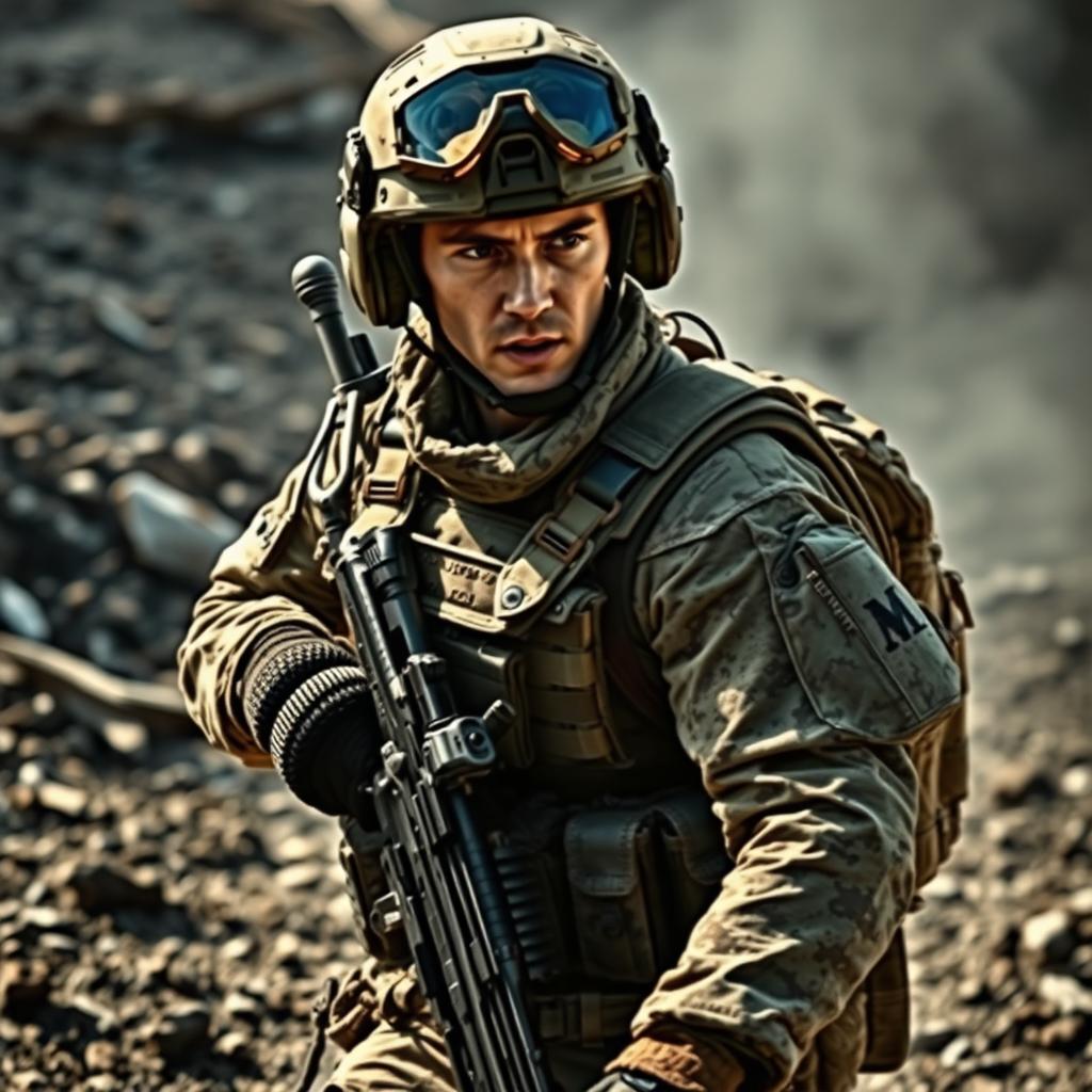 A highly detailed and dynamic scene featuring a soldier in complete military tactical gear