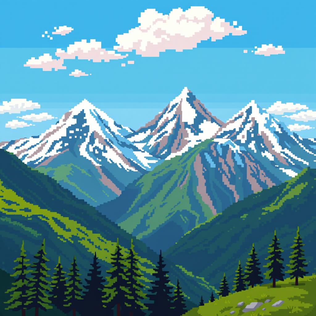 A vibrant pixel art representation of alpine mountains, featuring snow-capped peaks, lush green valleys, and a bright blue sky