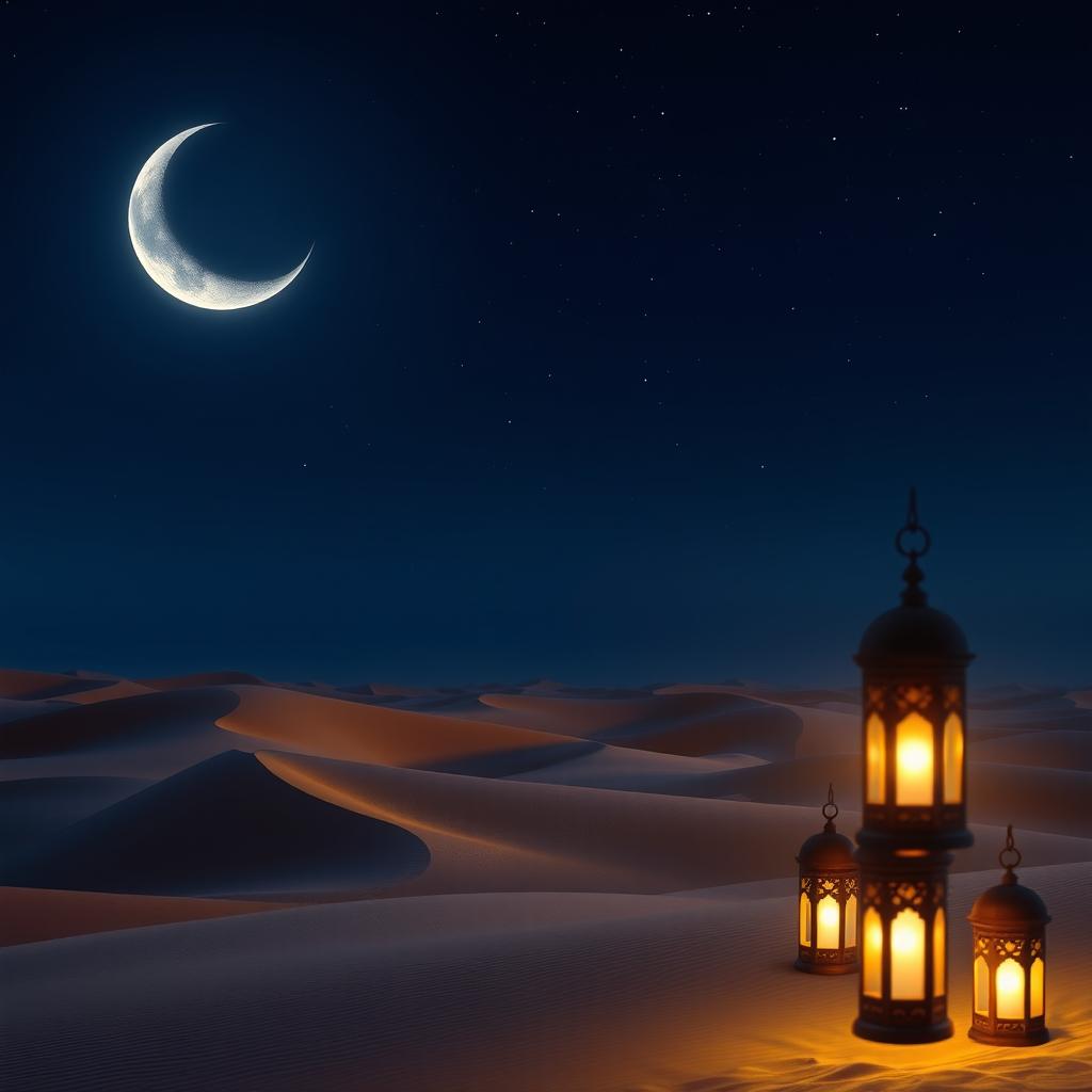 A stunning view of a crescent moon shining brightly in the night sky over a tranquil desert landscape