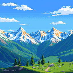 A beautiful pixel art scene depicting majestic alpine mountains, featuring a clear blue sky, snow-capped peaks, and lush green valleys