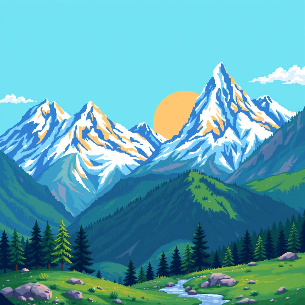 A beautiful pixel art scene depicting majestic alpine mountains, featuring a clear blue sky, snow-capped peaks, and lush green valleys