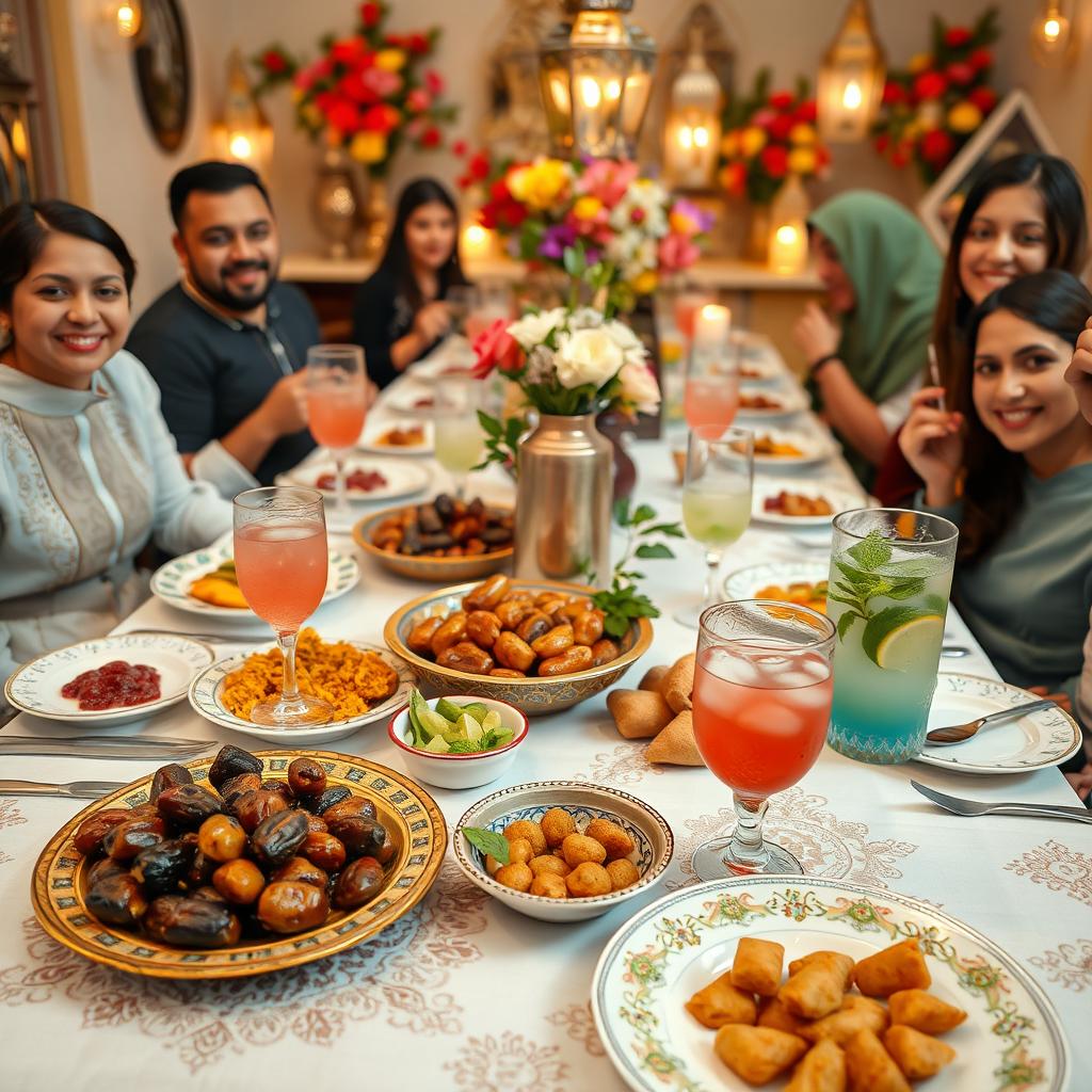 A beautifully arranged iftar table set for a festive meal, adorned with traditional Middle Eastern dishes such as biryani, falafel, and samosas