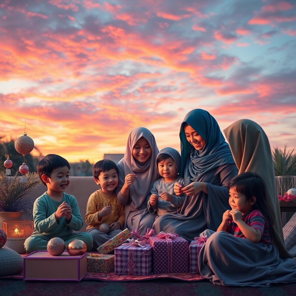 A joyful scene of families preparing for Eid al-Fitr, children happily decorating their homes with colorful ornaments, adults wrapping beautiful gifts with vibrant wrappings, all set against a breathtaking sunset sky painted in hues of pink and orange