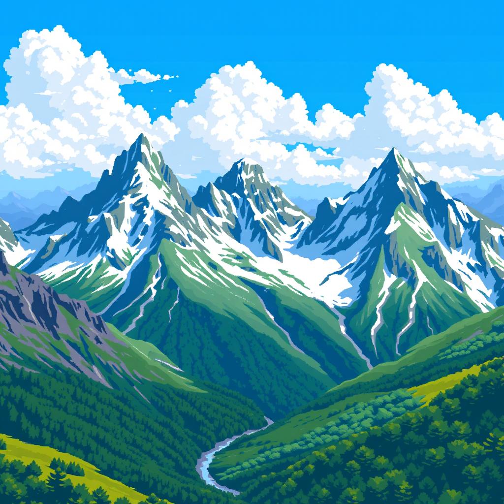 A scenic pixel art depiction of stunning alpine mountains, featuring sharp, jagged peaks covered with snow, lush green valleys, and a bright blue sky with fluffy white clouds