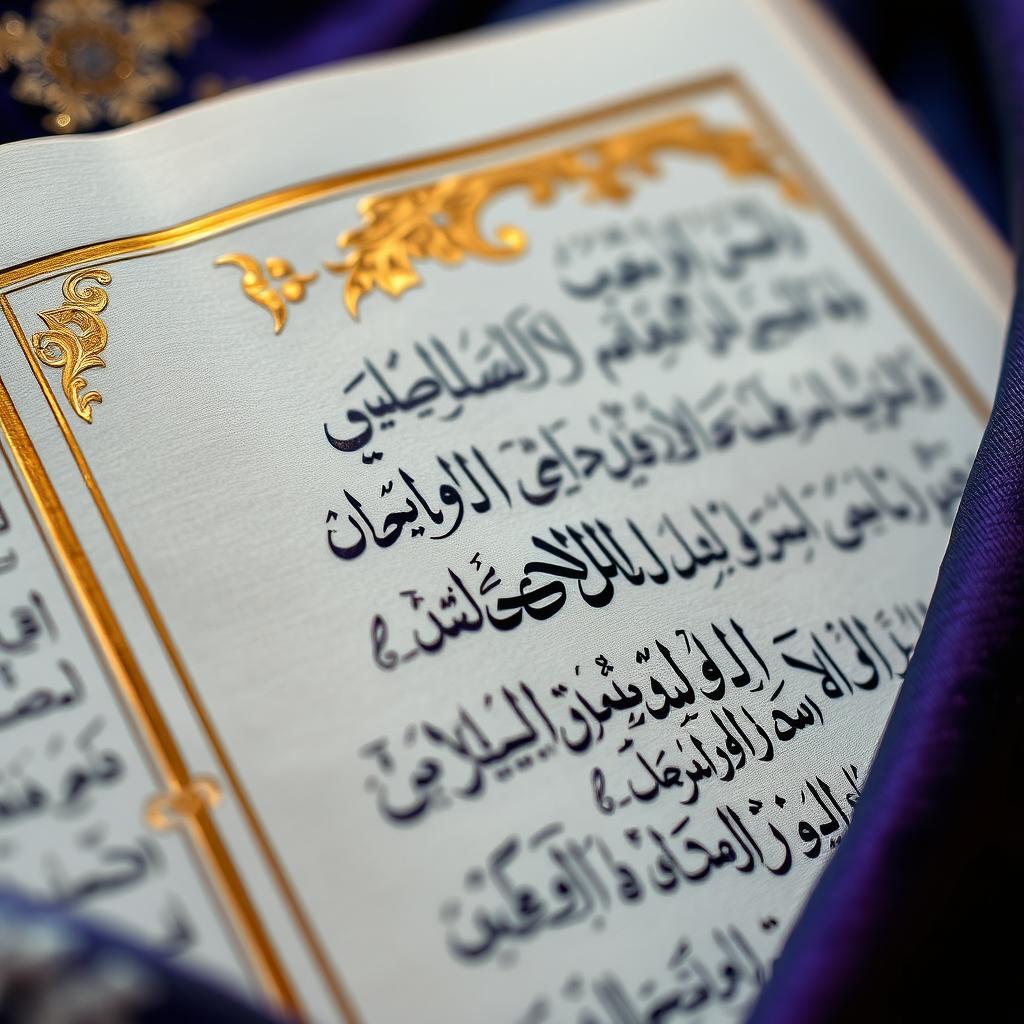 A close-up of beautifully crafted Arabic calligraphy featuring Quranic verses, adorned with intricate gold leaf details that shimmer under a soft light