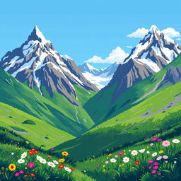 A vibrant pixel art representation of alpine mountains, featuring sharp peaks covered with snow, lush green valleys with blooming wildflowers, and a clear blue sky