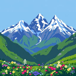 A vibrant pixel art representation of alpine mountains, featuring sharp peaks covered with snow, lush green valleys with blooming wildflowers, and a clear blue sky
