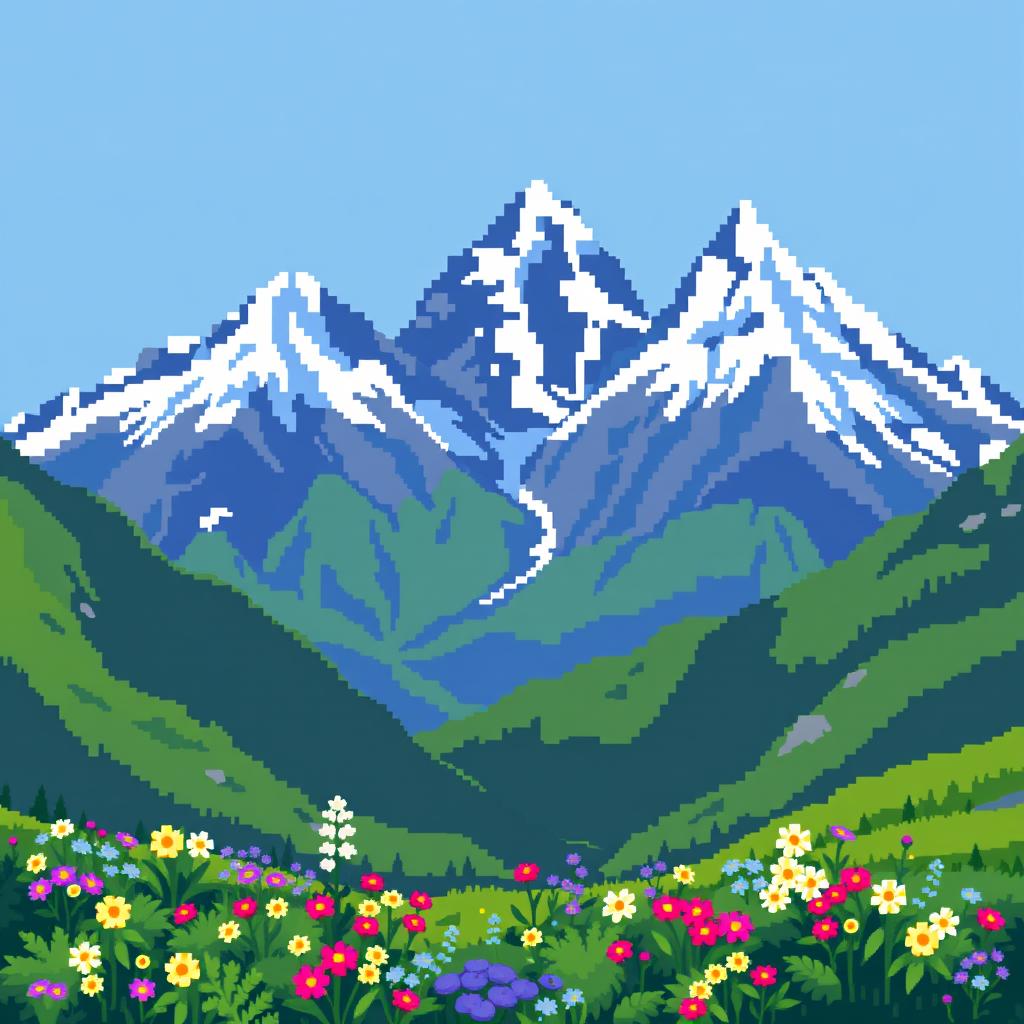 A vibrant pixel art representation of alpine mountains, featuring sharp peaks covered with snow, lush green valleys with blooming wildflowers, and a clear blue sky