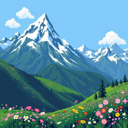 A vibrant pixel art representation of alpine mountains, featuring sharp peaks covered with snow, lush green valleys with blooming wildflowers, and a clear blue sky