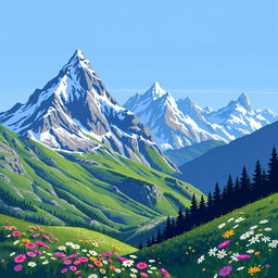 A vibrant pixel art representation of alpine mountains, featuring sharp peaks covered with snow, lush green valleys with blooming wildflowers, and a clear blue sky