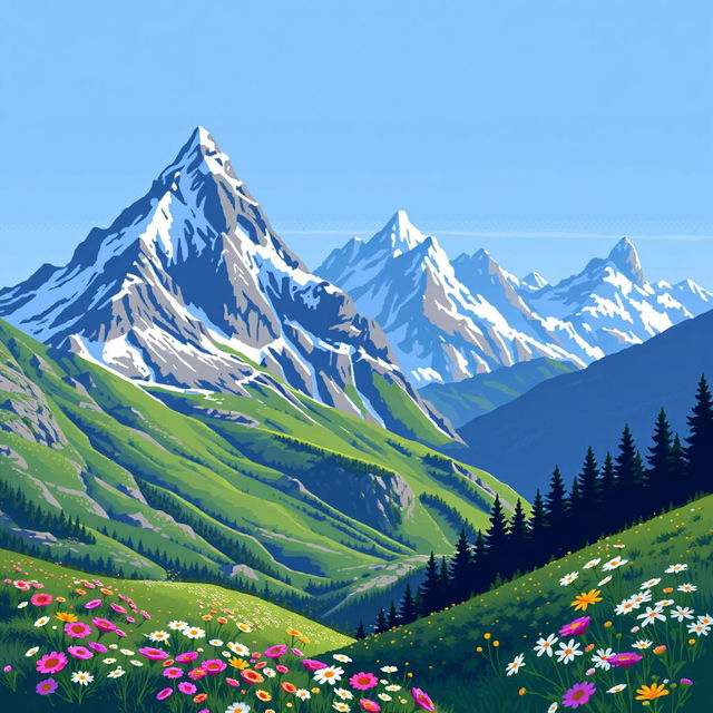 A vibrant pixel art representation of alpine mountains, featuring sharp peaks covered with snow, lush green valleys with blooming wildflowers, and a clear blue sky