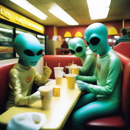 Extraterrestrial beings inconspicuously dining in a McDonald's, blending with everyday human society.