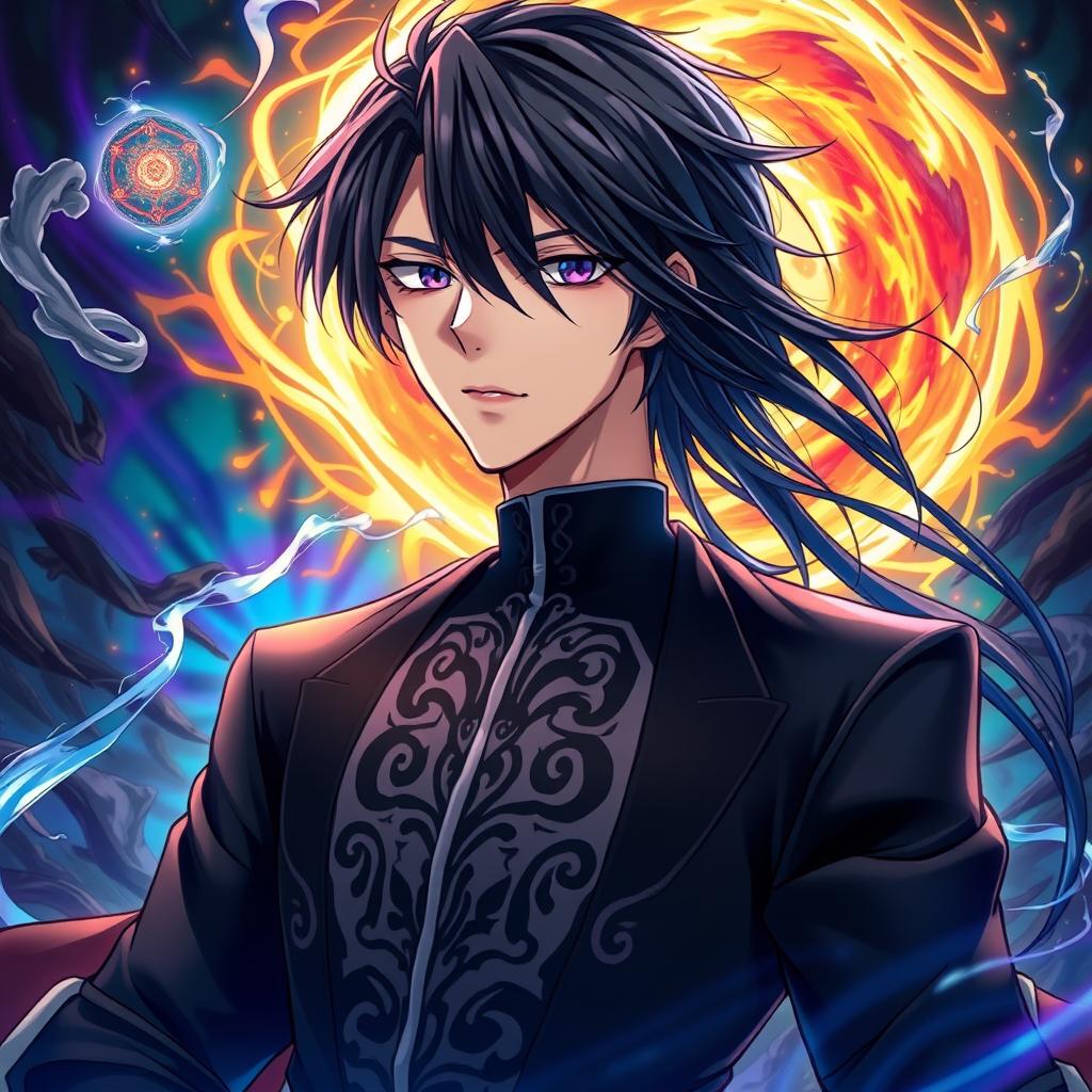A stunning portrait of Suguru Geto, a charismatic character from a popular anime, depicted with long black hair, piercing eyes, and a confident expression
