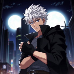 A highly detailed anime-style illustration of Suguru Geto from the popular series Jujutsu Kaisen, showcasing his bright white hair, confident expression, and stylish outfit, with a black coat and fingerless gloves