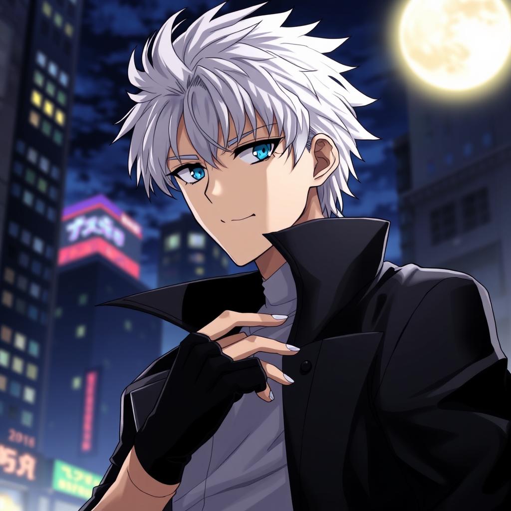 A highly detailed anime-style illustration of Suguru Geto from the popular series Jujutsu Kaisen, showcasing his bright white hair, confident expression, and stylish outfit, with a black coat and fingerless gloves