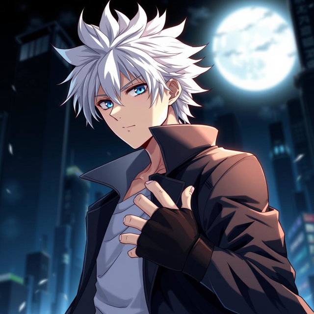 A highly detailed anime-style illustration of Suguru Geto from the popular series Jujutsu Kaisen, showcasing his bright white hair, confident expression, and stylish outfit, with a black coat and fingerless gloves