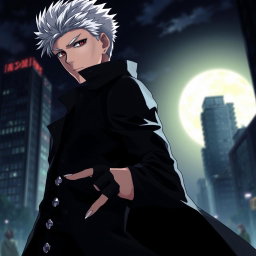 A highly detailed anime-style illustration of Suguru Geto from the popular series Jujutsu Kaisen, showcasing his bright white hair, confident expression, and stylish outfit, with a black coat and fingerless gloves