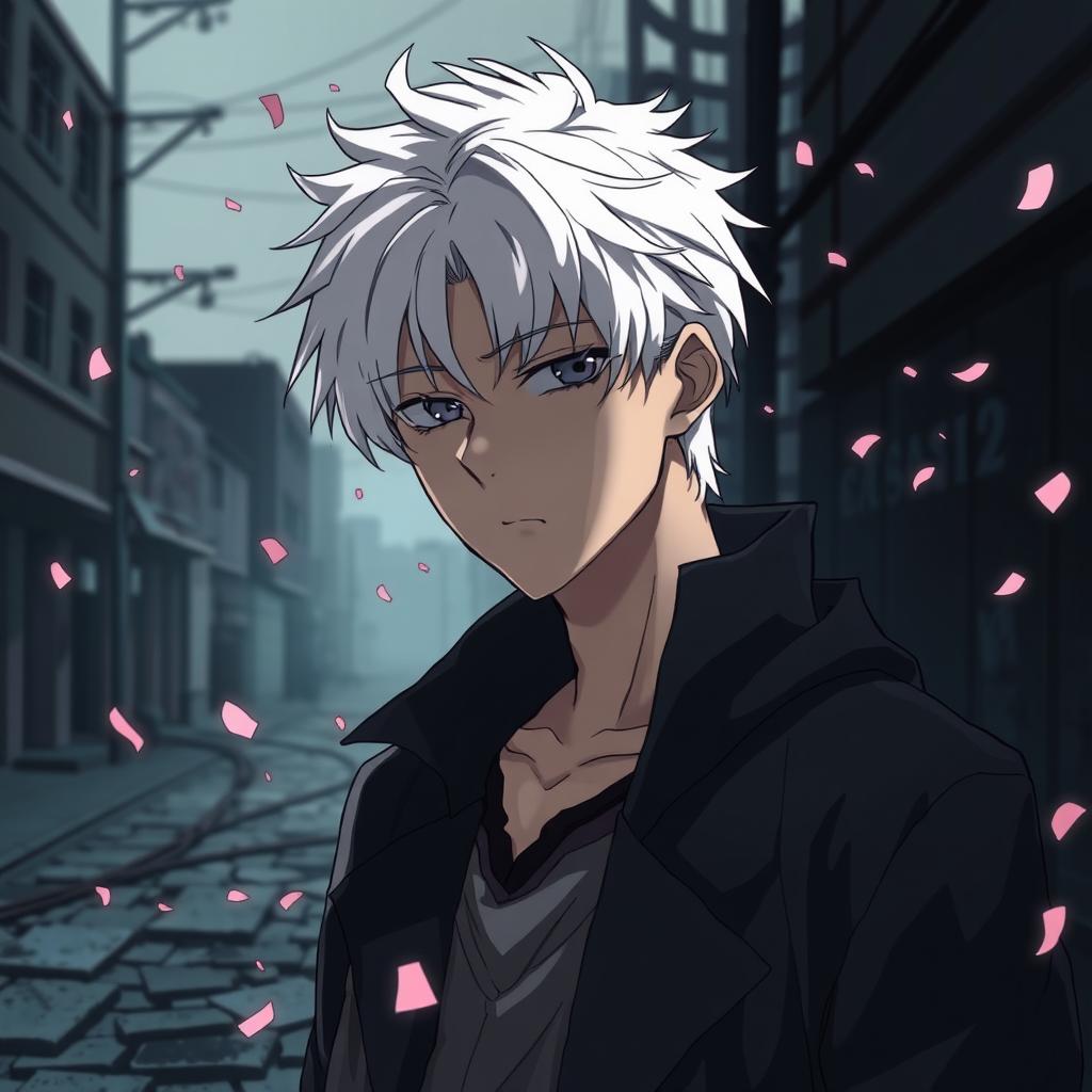 A poignant anime-style illustration of Suguru Geto from Jujutsu Kaisen, portrayed with a melancholic expression, his bright white hair slightly disheveled