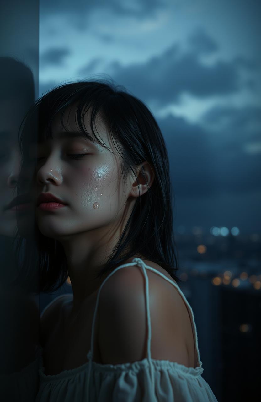 A half-body portrait of a sad girl with her eyes closed, appearing to sleep