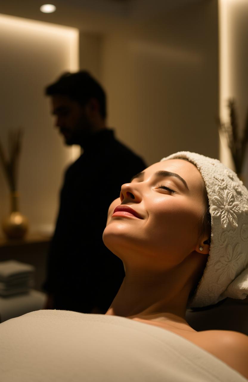 A woman enjoying a facial treatment in a serene spa environment, relaxed and content