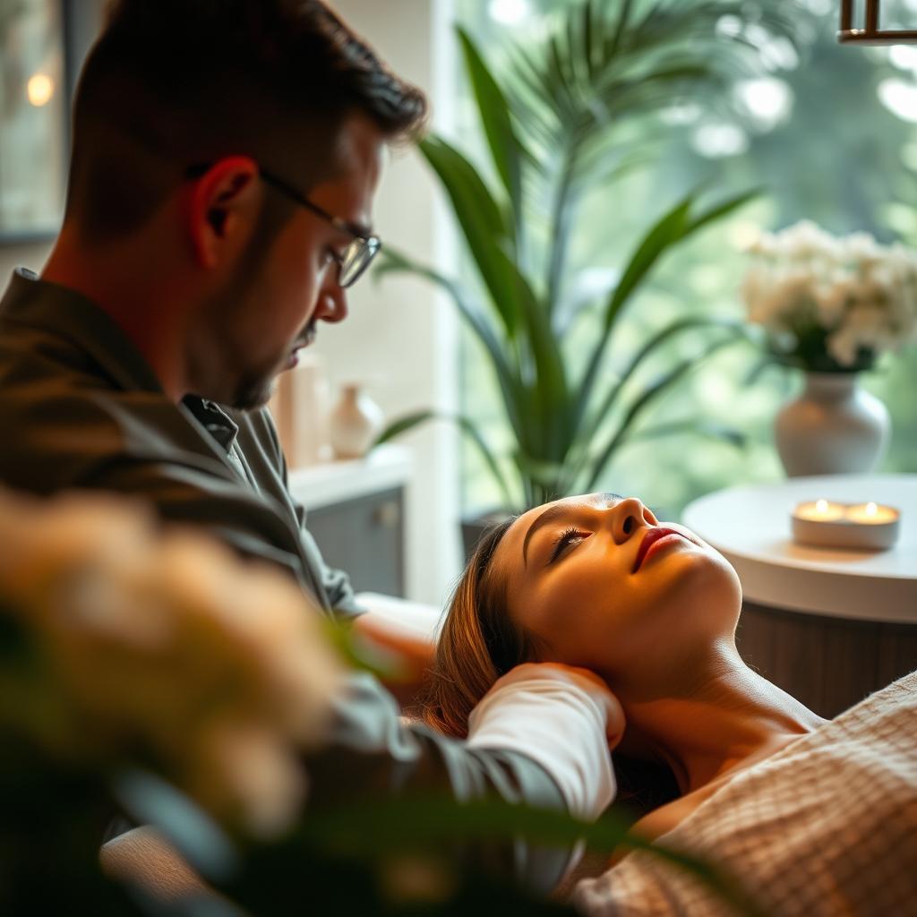 A woman receiving a facial treatment at a luxurious spa, with a serene expression on her face