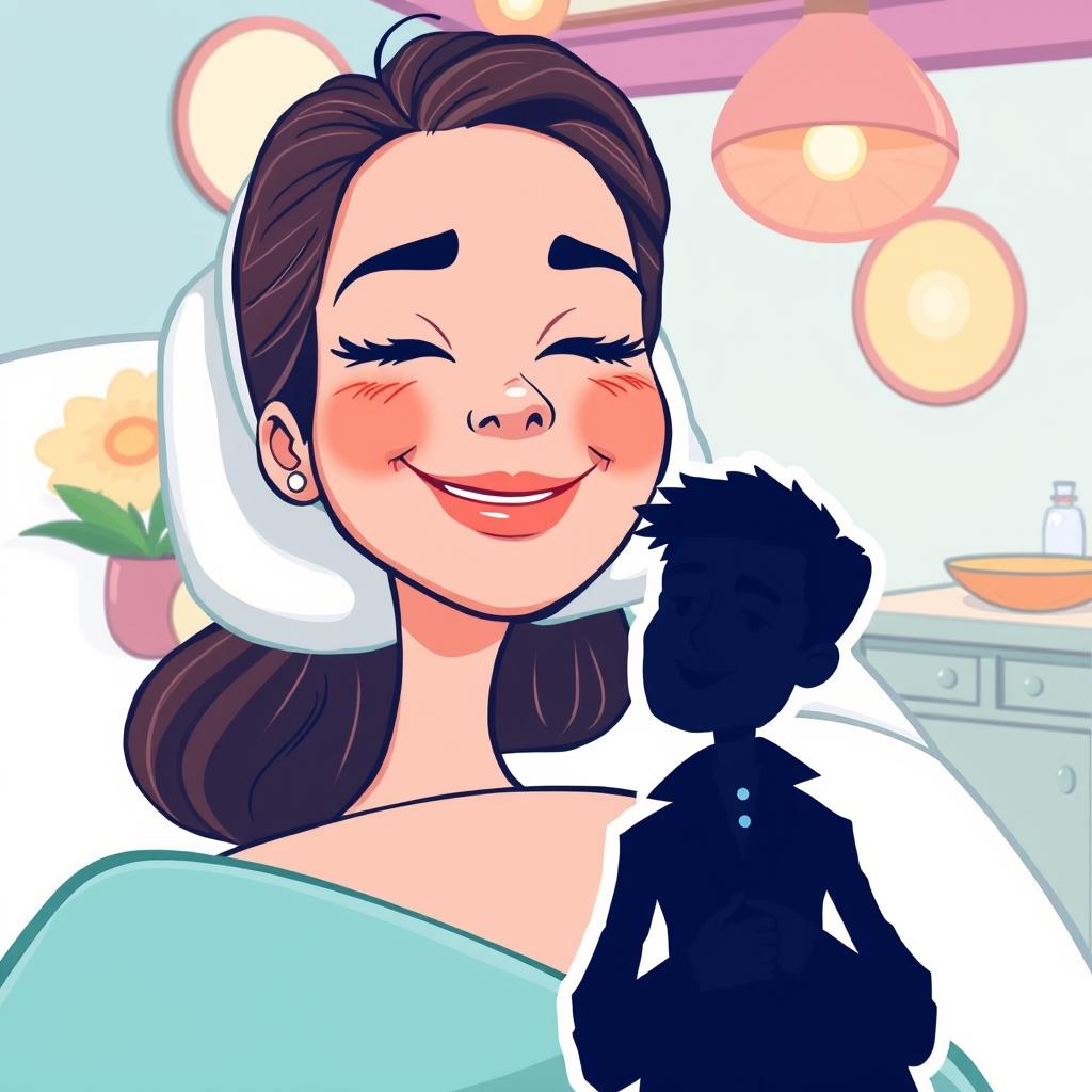 A cartoon illustration of a woman enjoying a facial treatment at a spa, with a calm and blissful expression on her face