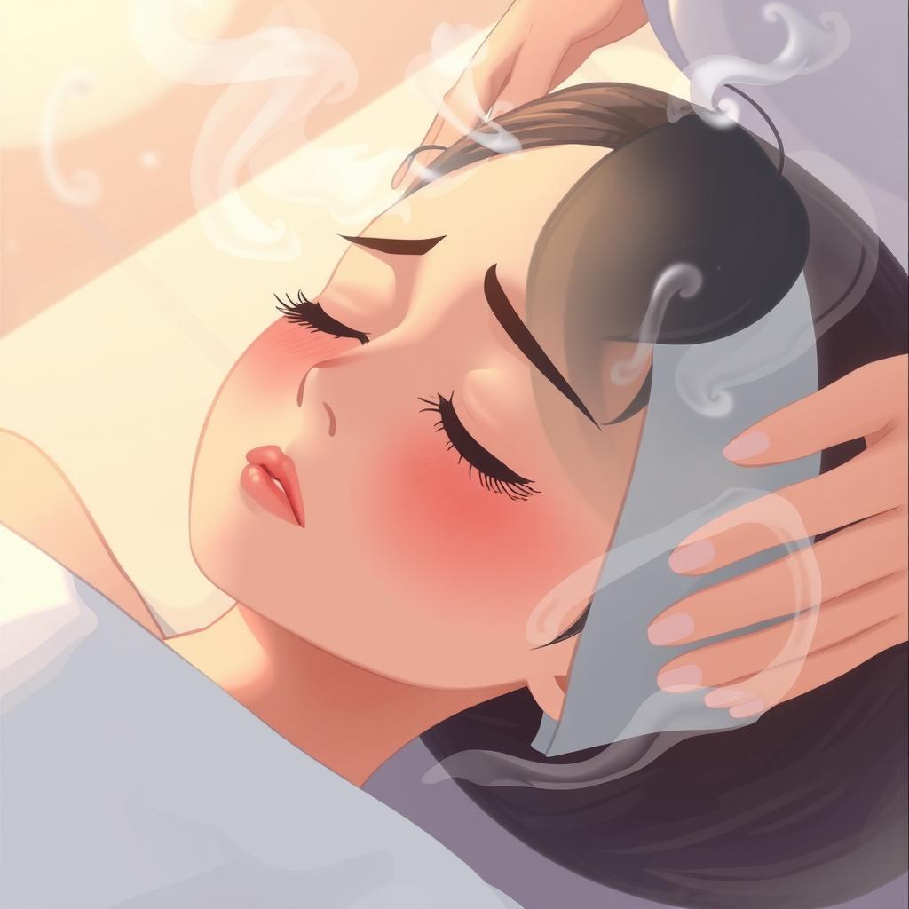 An animated illustration of a woman receiving a facial treatment, peacefully asleep with her face seen from the side
