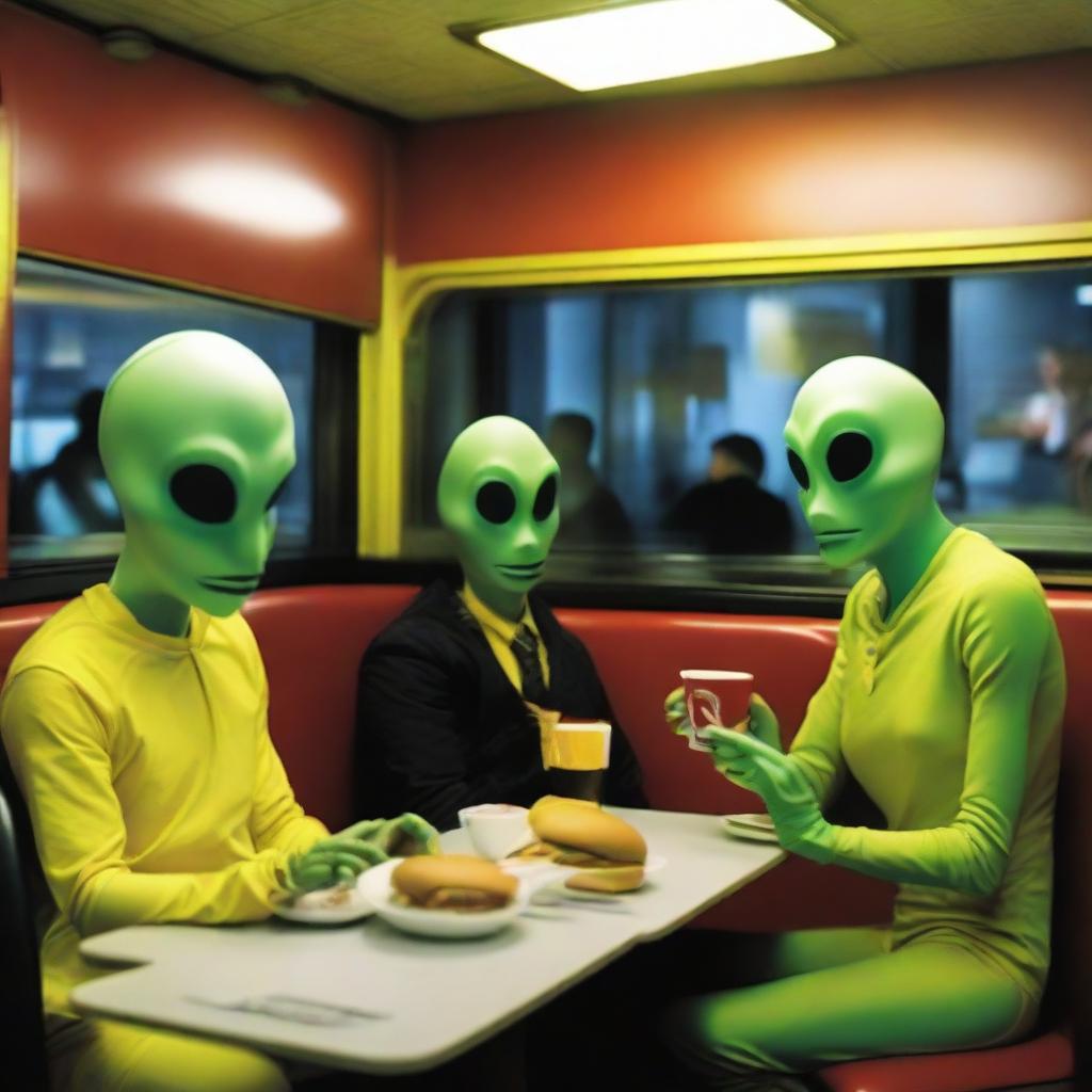 Extraterrestrial beings subtly integrated into everyday human society, their unusual traits subtly hidden as they dine in a McDonald's.