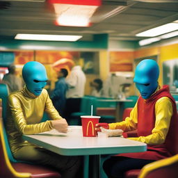 Extraterrestrial beings subtly integrated into everyday human society, their unusual traits subtly hidden as they dine in a McDonald's.