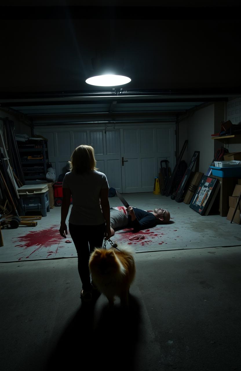 A dramatic nighttime scene in a dimly lit garage, featuring a man laying on the floor, bleeding, with a kitchen knife protruding from his back