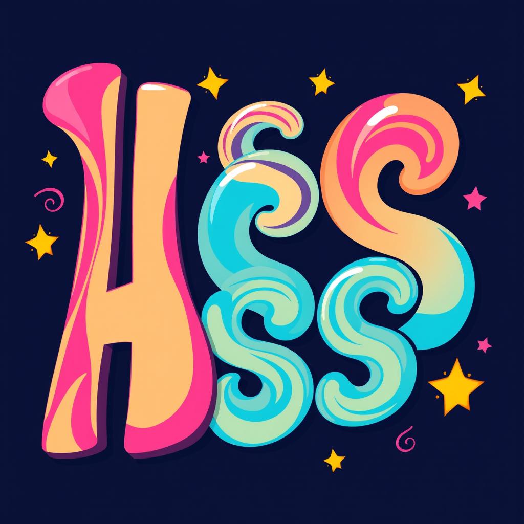 A vibrant and dynamic abstract representation of the word 'Ass', depicted in bold typography with playful colors such as bright pink and electric blue