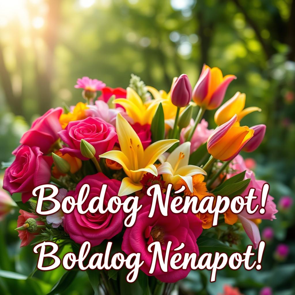 A beautiful bouquet of vibrant flowers including roses, lilies, and tulips, elegantly arranged in a lush, green garden setting