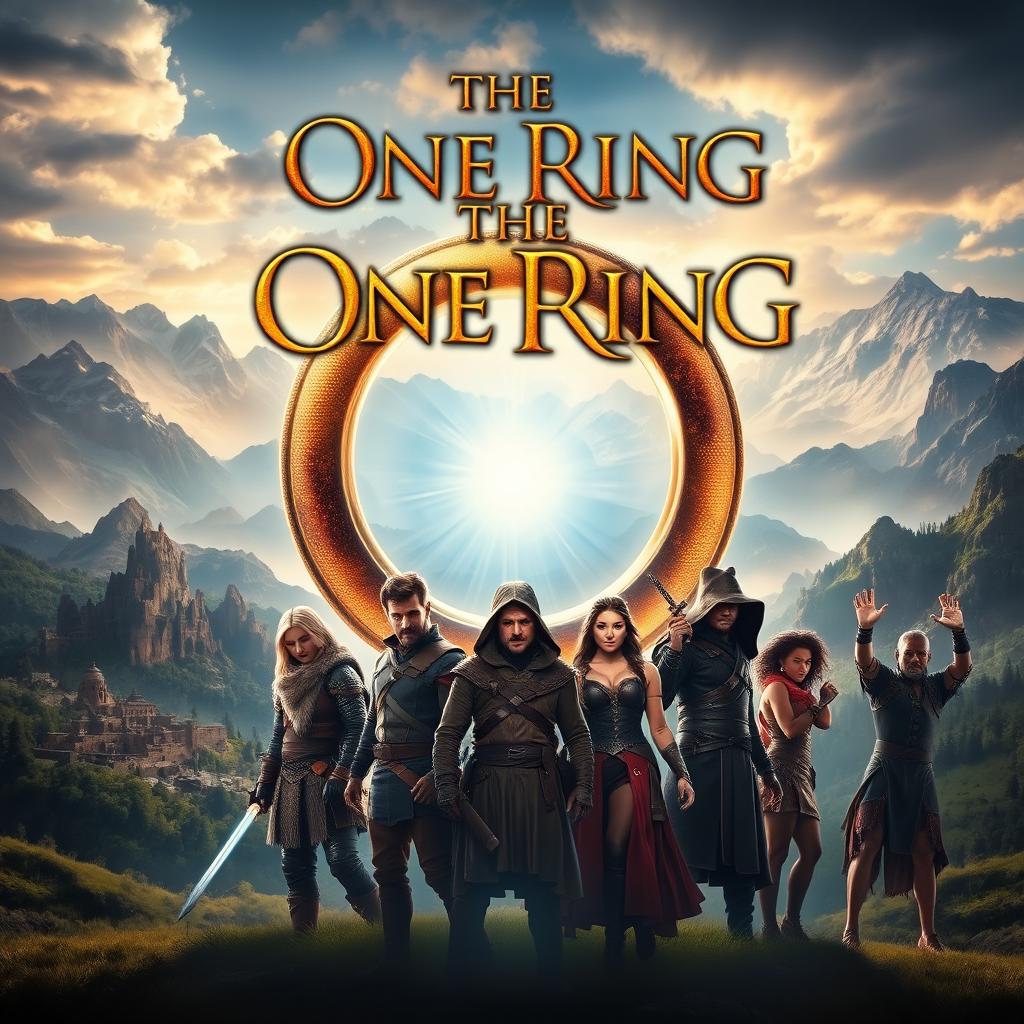 A movie poster for a fantasy film inspired by legendary tales, featuring a mystical ring at its center, glowing with an enchanting light