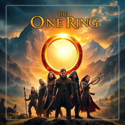 A movie poster for a fantasy film inspired by legendary tales, featuring a mystical ring at its center, glowing with an enchanting light