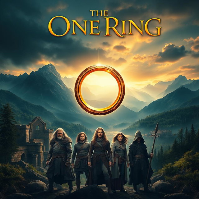 A movie poster for a fantasy film inspired by legendary tales, featuring a mystical ring at its center, glowing with an enchanting light