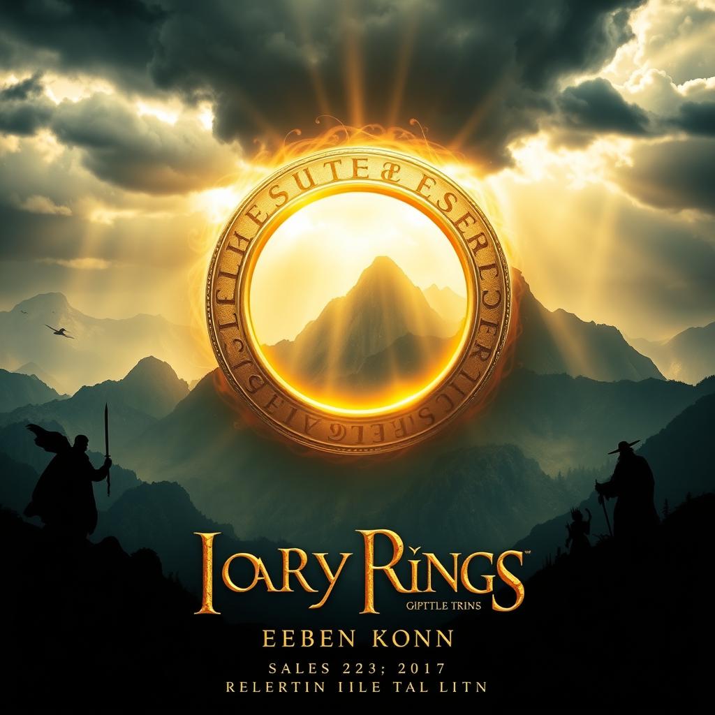 A captivating movie poster inspired by a fantasy epic, featuring a large, stylized image of a glowing golden ring at its center