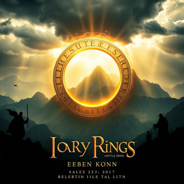 A captivating movie poster inspired by a fantasy epic, featuring a large, stylized image of a glowing golden ring at its center