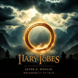 A captivating movie poster inspired by a fantasy epic, featuring a large, stylized image of a glowing golden ring at its center