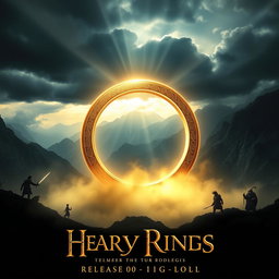 A captivating movie poster inspired by a fantasy epic, featuring a large, stylized image of a glowing golden ring at its center