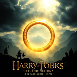 A captivating movie poster inspired by a fantasy epic, featuring a large, stylized image of a glowing golden ring at its center