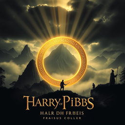 A striking movie poster inspired by a legendary fantasy saga, prominently featuring a large, glowing golden ring at the center, inscribed with intricate elvish symbols, radiating an otherworldly light
